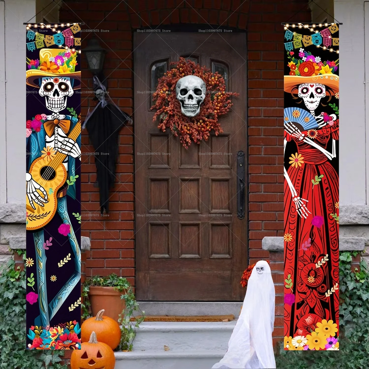 Day of The Dead Decorations Door Banners Dia De Los Muertos Mexican Fiesta Sugar Skull Flowers Hanging Banner Porch Wall Deocr