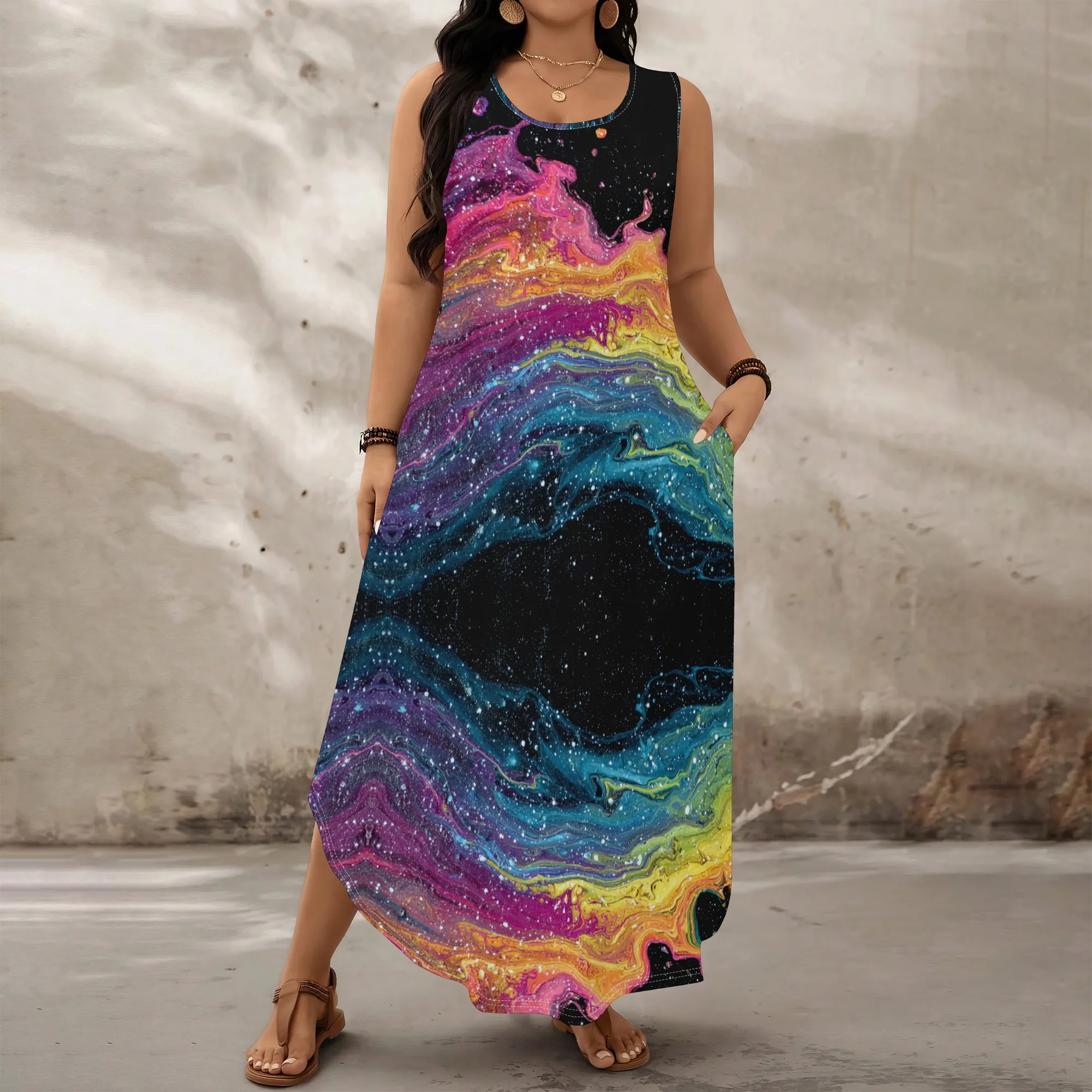 

Women Plus Size Sleeveless Maxi Dress Galaxy Print Casual Summer Festival Outfit XL-6XL