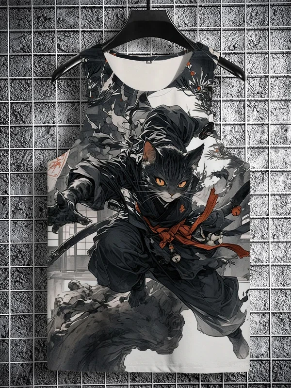 

Japanese Style Vintage Tank Top Anime Samurai Cat 3d Printed Sleeveless T Shirts Casual Loose Breath Funny Top Tee Men's Vest