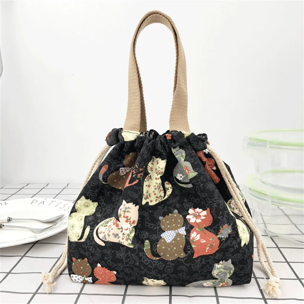 New Cute Bento Bag Handbag Student Canvas Lunch Box Bag Lunch Bag Handheld Bento Bag Womens Portable Drawstring Bag Handheld Bag