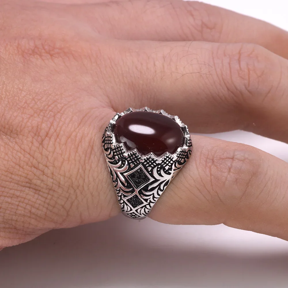 Gwarantowane 925 srebro czarne pierścionki Retro Vintage kwiaty turecki pierścionek biżuteria dla mężczyzn z kamienną biżuterią z indyka — zdjęcie 6
