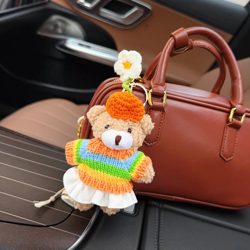 Korean-style Cute Handmade Crocheted Flower Hat Plush Bear Keychain cartoon Sweater Teddy Bear Bag Pendant for Women view 4