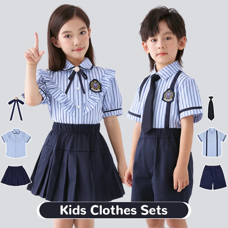 

3 Pcs/set British Style Children Summer School Uniform Student Girl Pleated Skirts JK Suit Boys Shirt Shorts Performance Costume