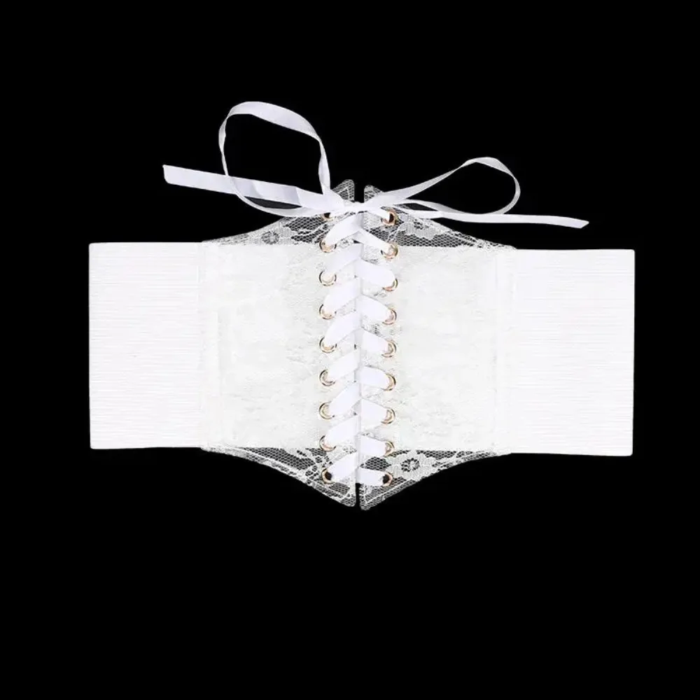 Flower Embroidery Lace-up Corset Belt Transparent Lace Stretchy Elastic Elastic Waistband Wide Lace Punk Style