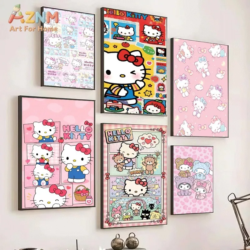 Sanrio Hello Kitty Pink Patchwork Canvas Wall Art No Frame Cute Cartoon Cat Collage Poster Sweet Girly Style Kids Bedroom Home