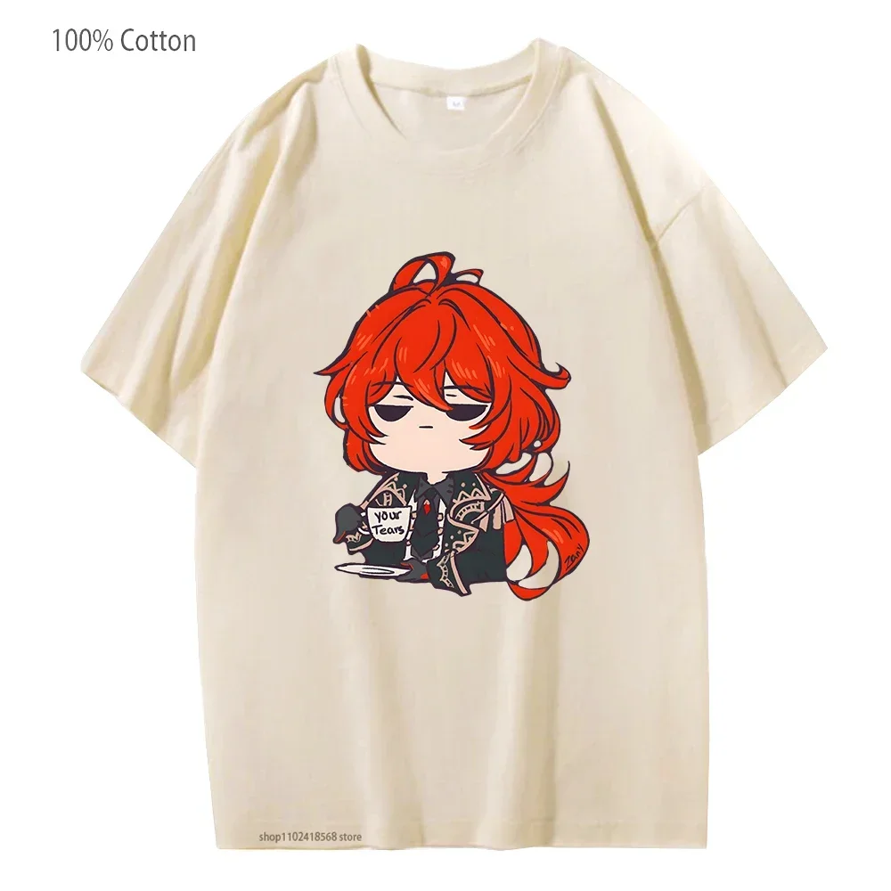 

Genshin Impact Clothes Diluc Print T-Shirts Hot Game Tshirt Women Crewneck Korean Tees Para Mujer Cosplay Costume 100% Cotton