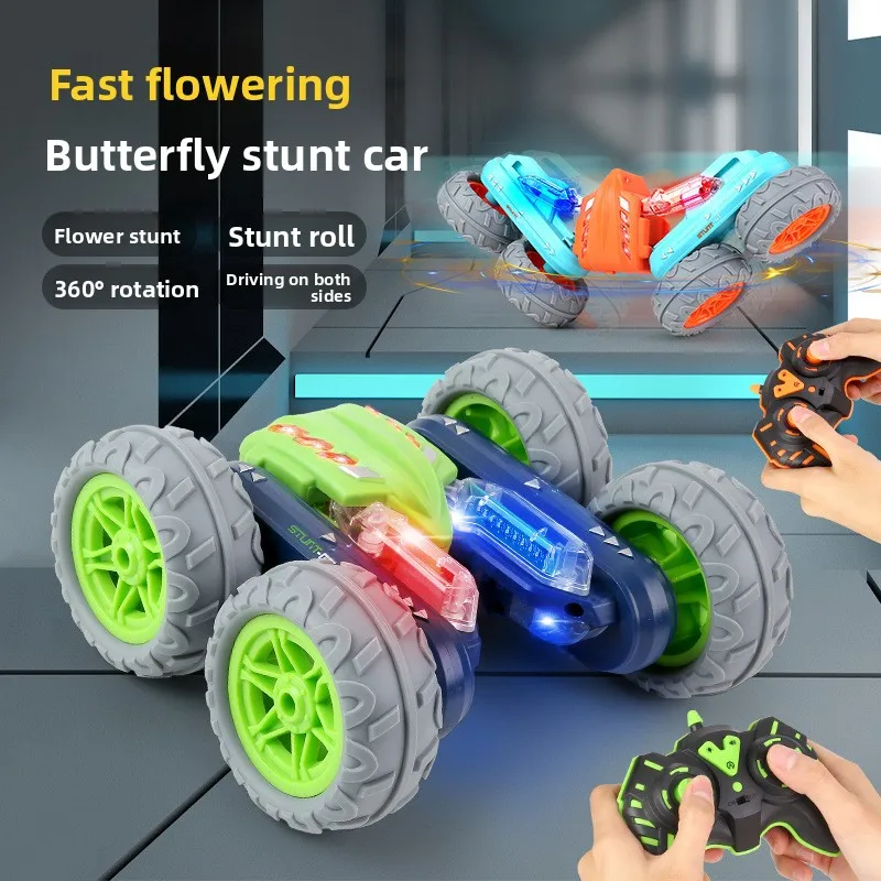 Double Sided Flower Stunt RC Car, 2 in 1 Flipping Drift Remote Control Toy with Music Lights for Children Boys