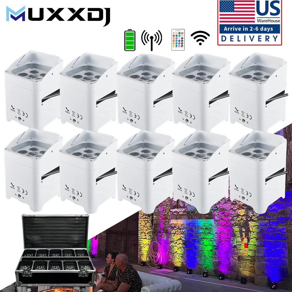 

MUXXDJ 10pcs Wireless Uplight 6x18w 6in1 Battery Powered Wireless DMX RGBWA UV LED Uplight For Events Wedding Party