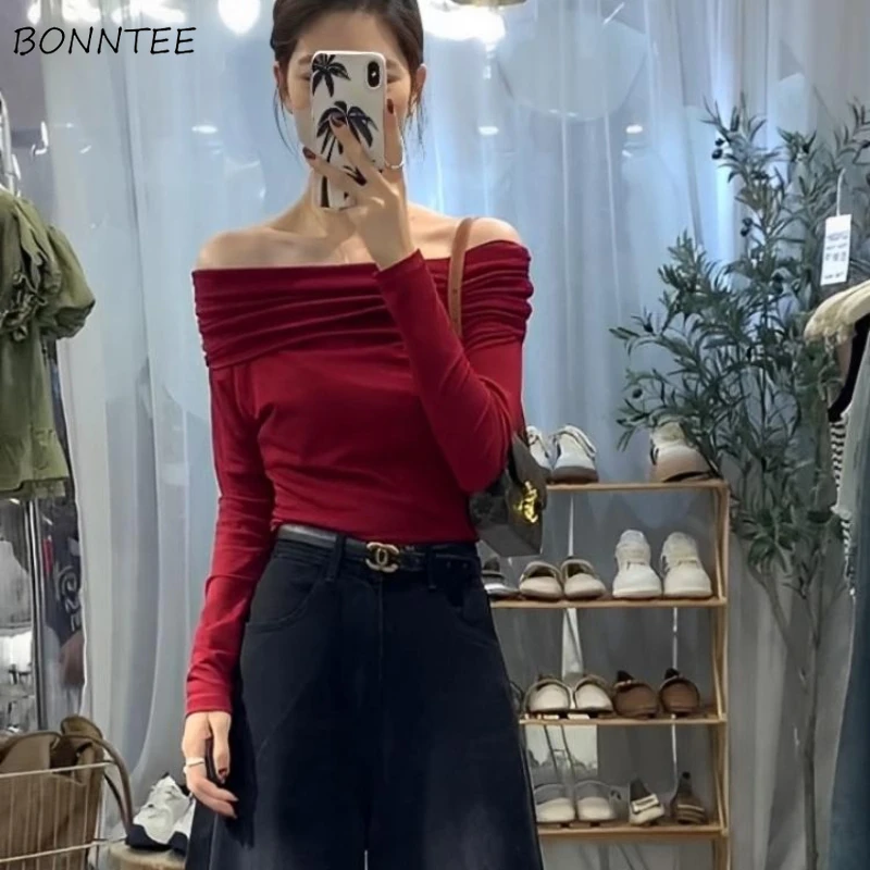 Slash Neck Pullovers Long-sleeve Slim Crop Tops Girls Summer All-match Simple Fashion Basic Clothing Daily Slouchy 2024 Hot Sale