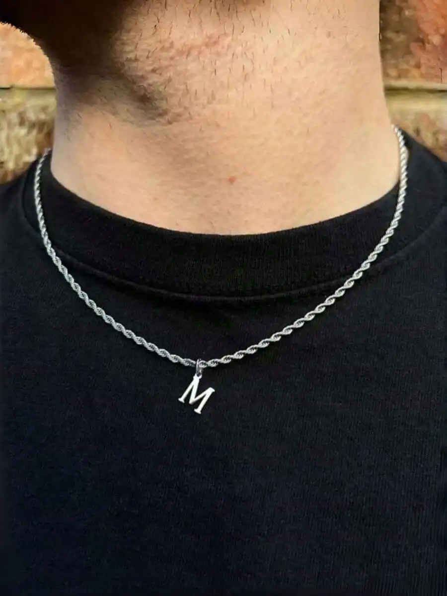 

1pc Fashionable Stainless Steel 26 Letters A-Z Initial Pendant Necklace, Men's Classical Braided Chain Necklace, Hip Hop Style