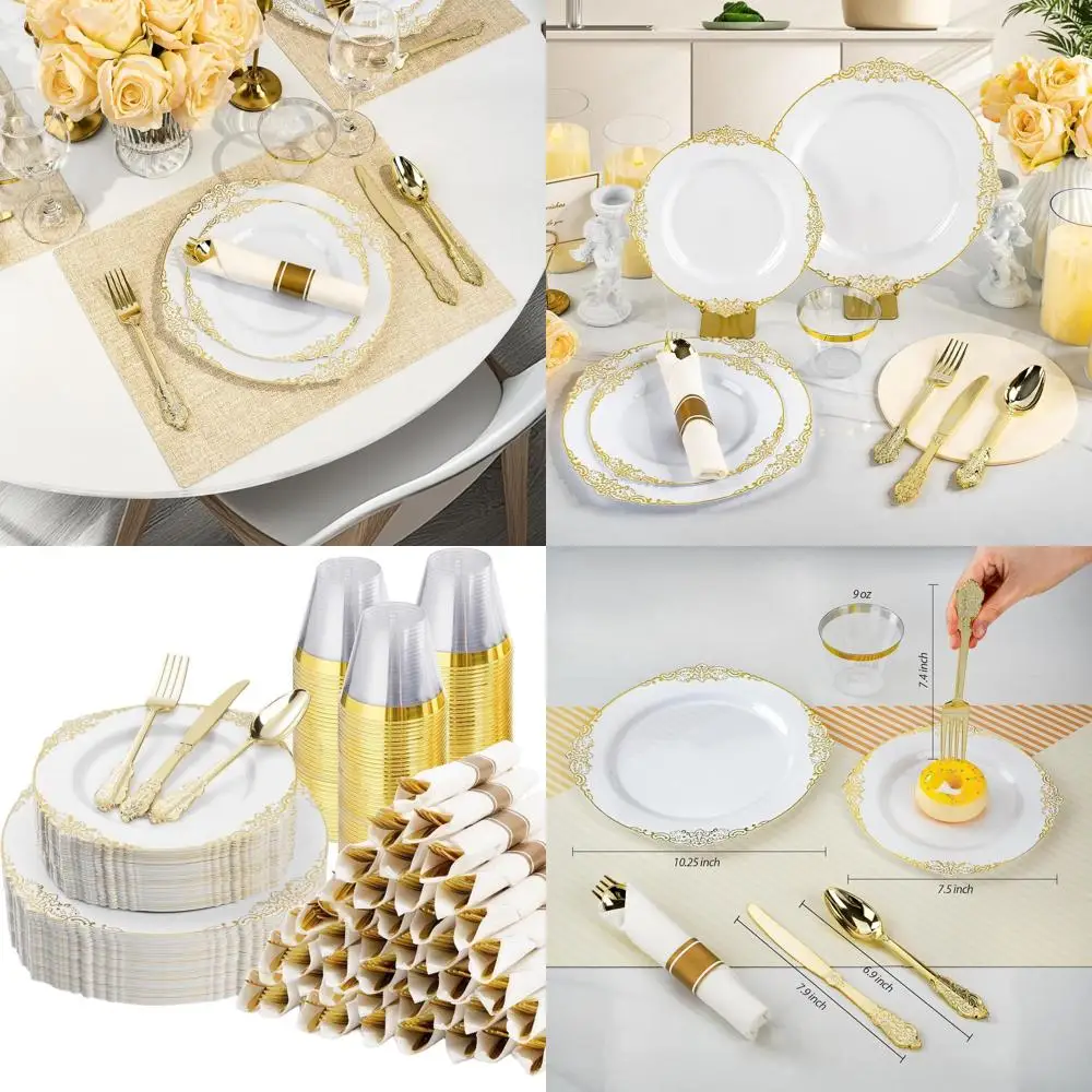 

Set of 350 Gold Plastic Party Supplies: 100 Plates, 50 Cutlery, 50 Cups, 50 Napkins for 50 Guests