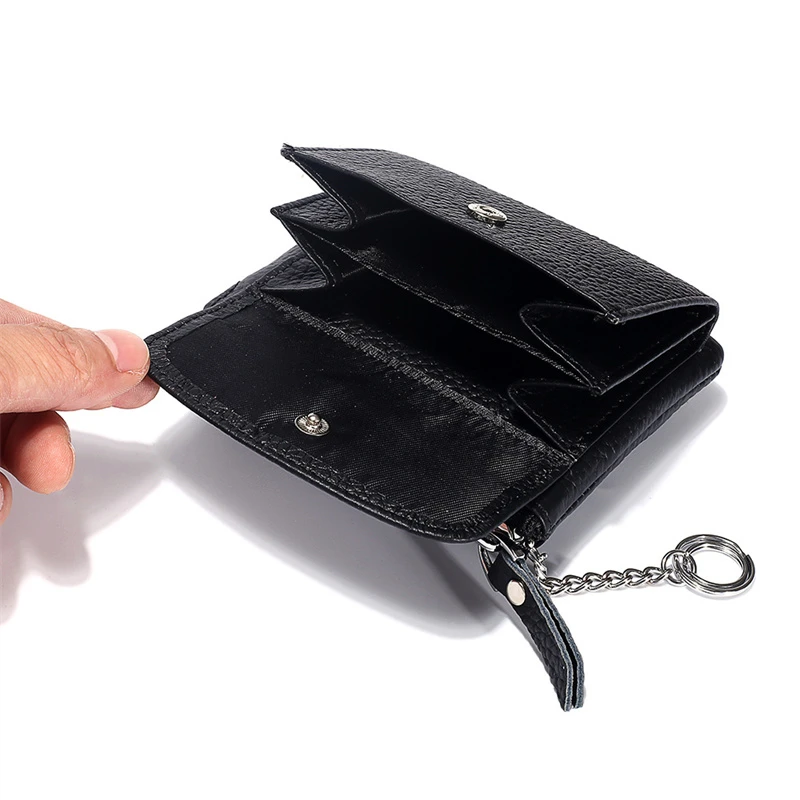 Genuine Leather Short Wallet with Mini Key Chain Credit Card Holder Coin Purse Zipper Buckle Female Bag Coin Organizer Clutch