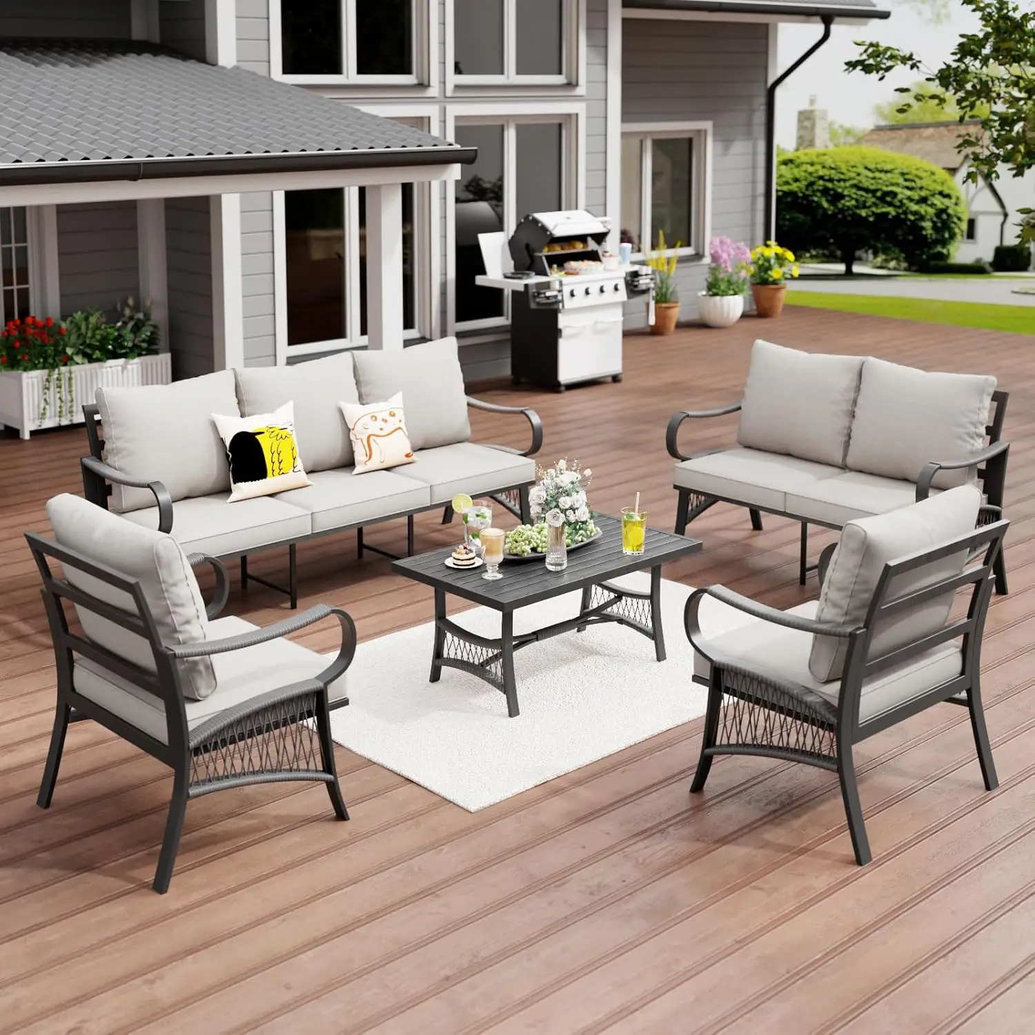 

Комплект садовой мебели из 5 предметов, 7-местный металлический секционный диван для улицы с толстыми подушками, всепогодный, на заказ