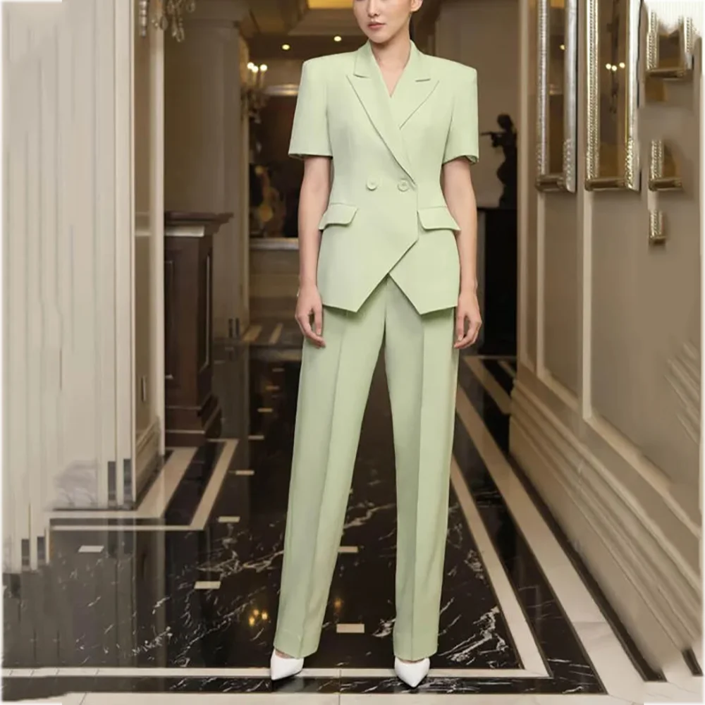 

Изысканный женский костюм из двух предметов (куртка + брюки) с остроконечными лацканами, двубортный, с короткими рукавами, элегантный женский комплект на заказ