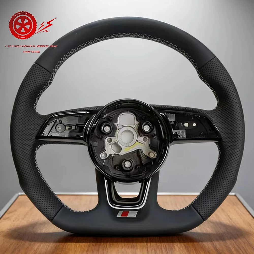 Image of Für Audi A3 A4 B9 8V A5 Halbperforiertes Sportlenkrad aus weiß genähtem Leder mit flachem Boden