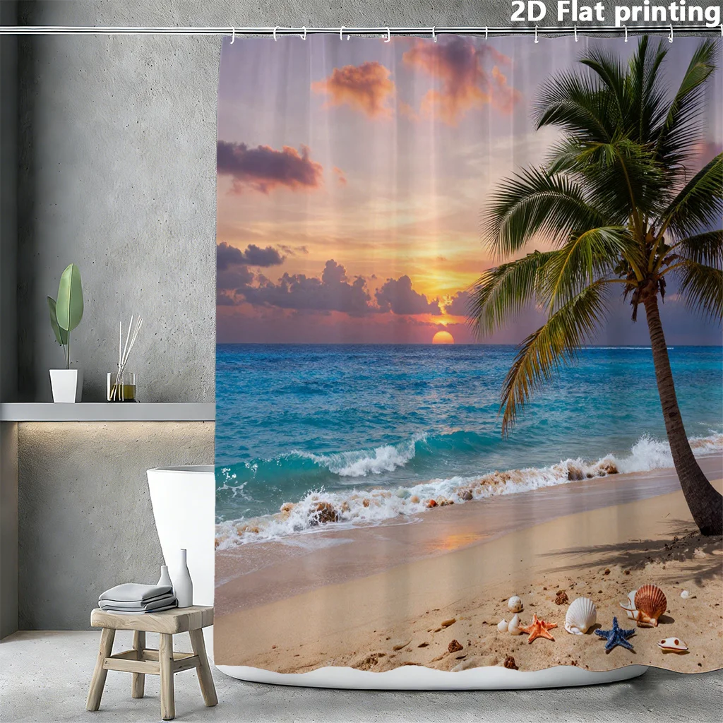 

Занавеска для душа с изображением заката на пляже, 1 шт., полиэстер, 2D плоская печать, 70.8x70.8 дюймов, пальмы, морские волны и ракушки на белом фоне