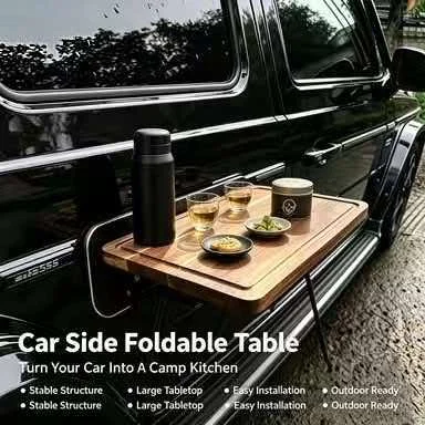 Car Side Foldable Wooden Table Vehicle Mount Quick Setup Portable Desk for Outdoor Camping Picnic SUV Off‑Road Travel
