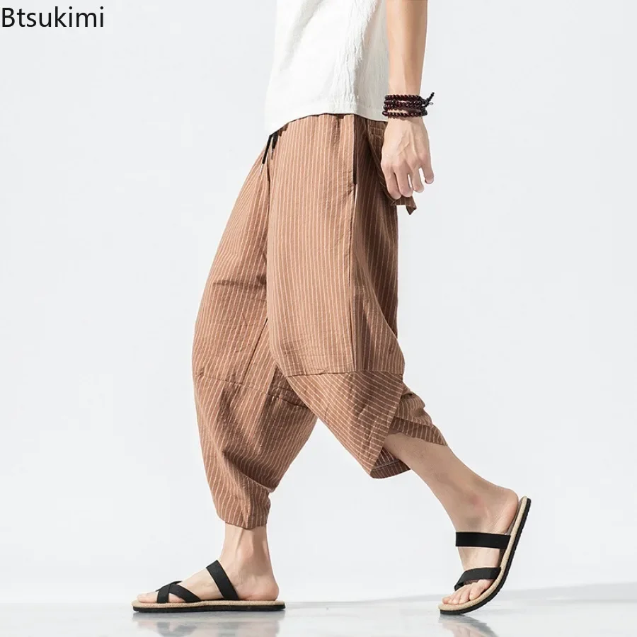 2025 Summer Harajuku Calf Length Pants New Men's Casual Wide Leg Cotton Linen Harem Pants Hip Hop Baggy Pants for Men Streetwear