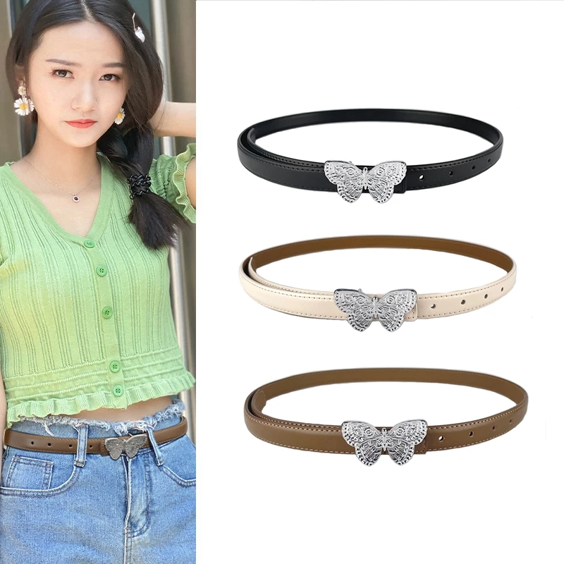 

Women Belt Genuine Leather Fashion Adjustable Thin Belt Trend Butterfly Alloy Buckle Girdle Jeans Dress Decorative Waistband New