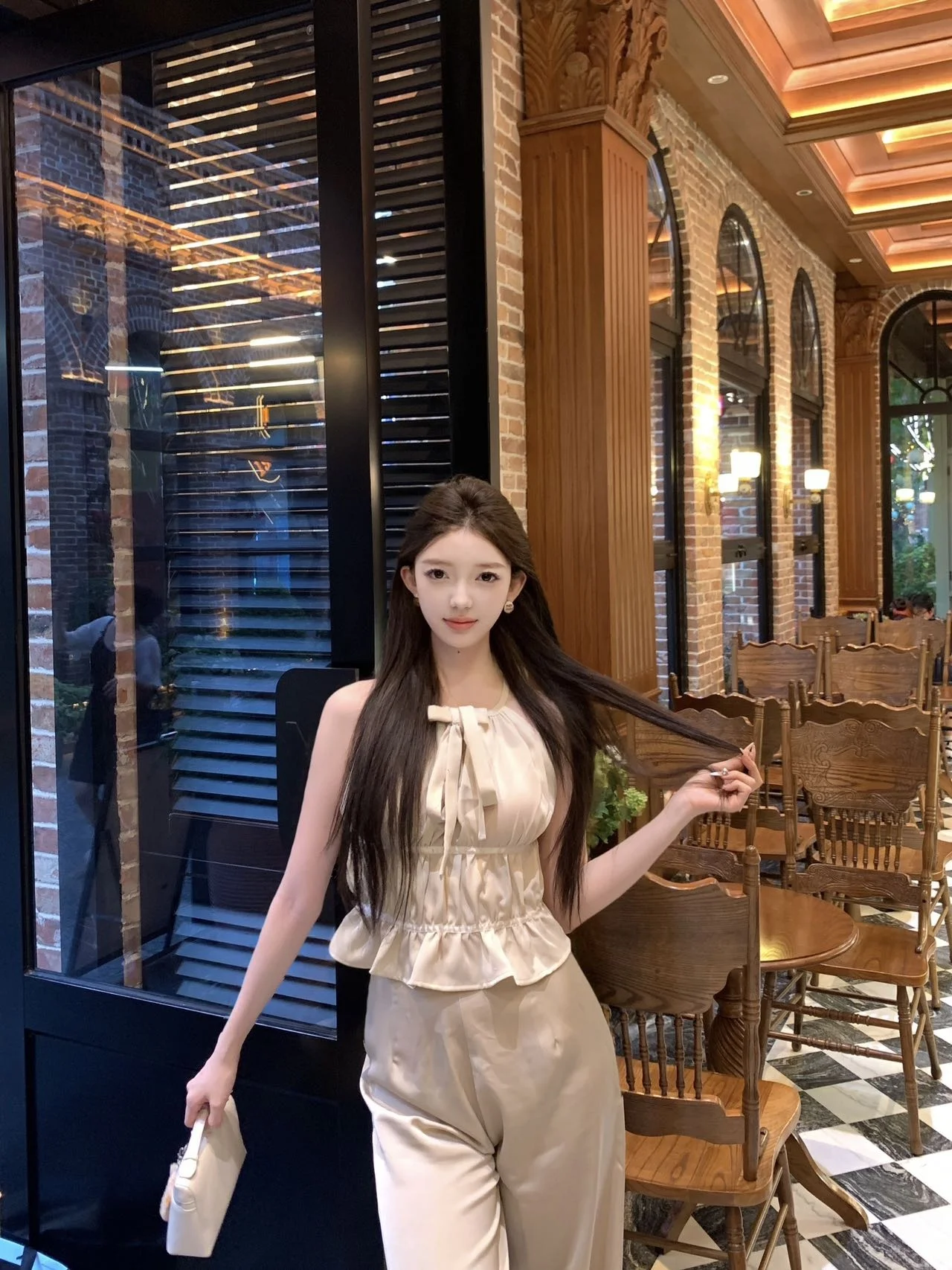 

Кружевной топ цвета шампанского с узлом и поясом, ацетатная юбка цвета шампанского Ele, простой, повседневный, чистый цвет, без бренда