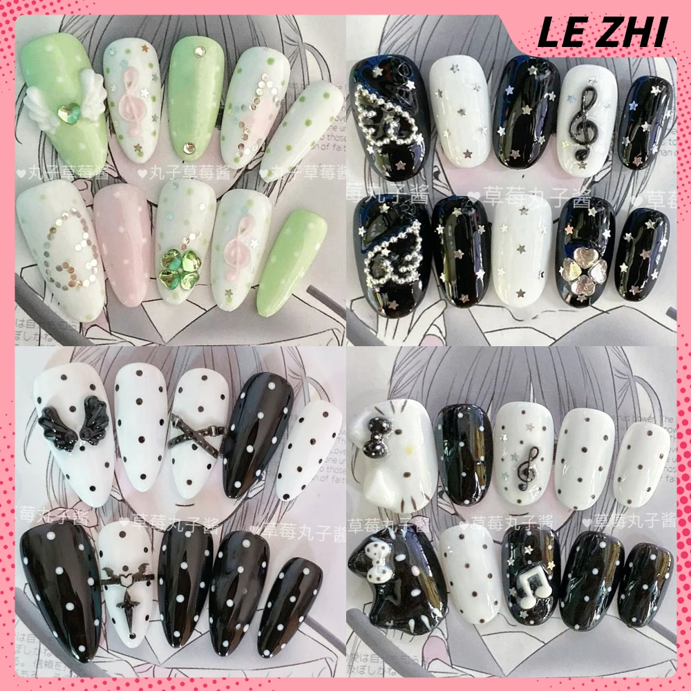 

10Pcs Kawaii Long Ellipse Handmade Reusable Nail Party Sticker Shining Stars Wings Polka Point Diamond Bow Press On Nail Gift