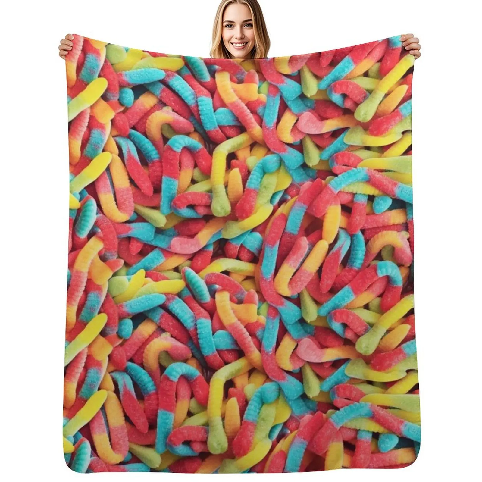 Neon Sour Gummy Worm Pattern Throw Blanket Travel Size Cozy Blanket for Plane Train