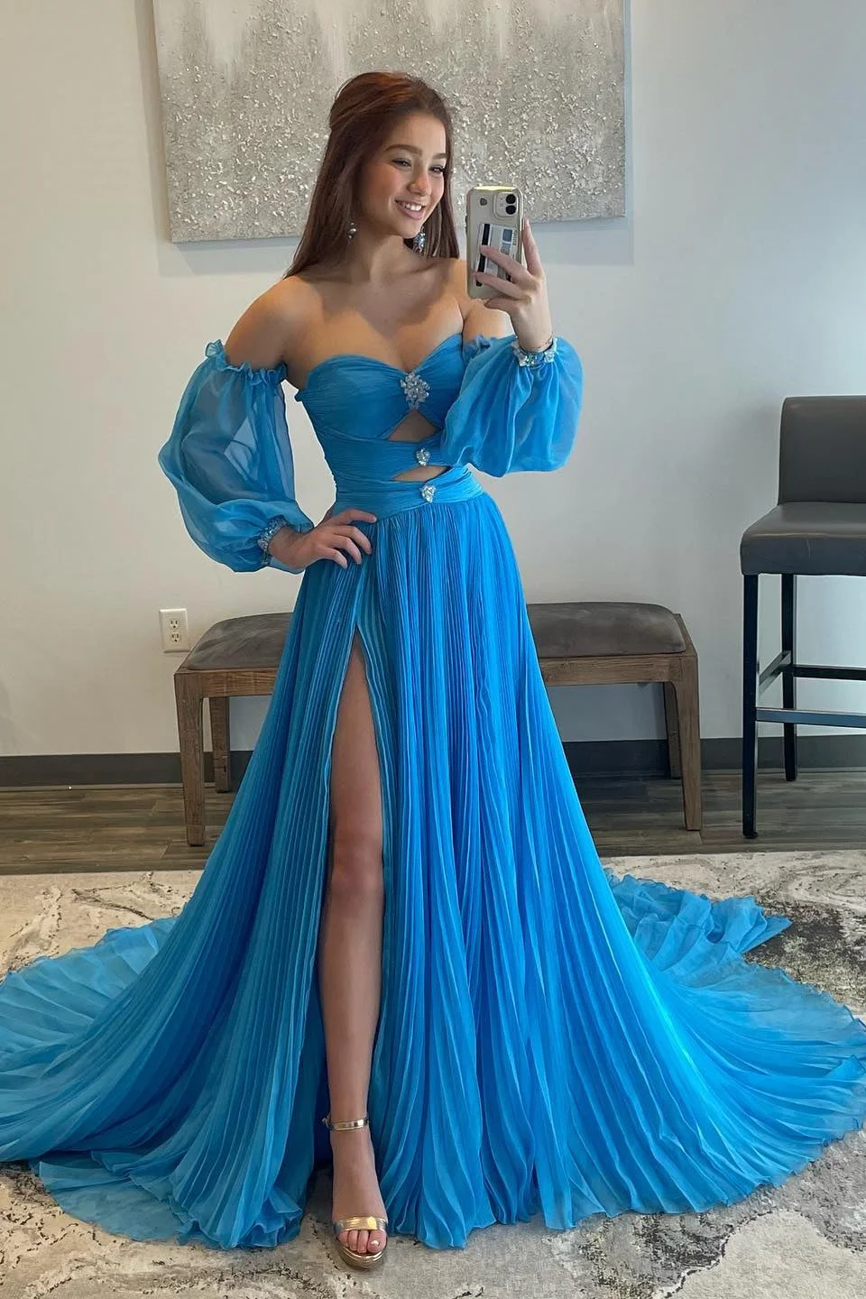 Vestidos Para Mujer Elegantes y Bonitos A Line Simple Tulle Prom Dresses for Women Long Sleeves Slit Evening Formal Party Dress