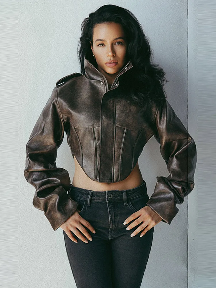 Vintage Washed Faux Leather Corset Cropped Jacket Stand Collar Shoulder Strap Long Sleeve Coat Y2k Streetwear Short Outerwear