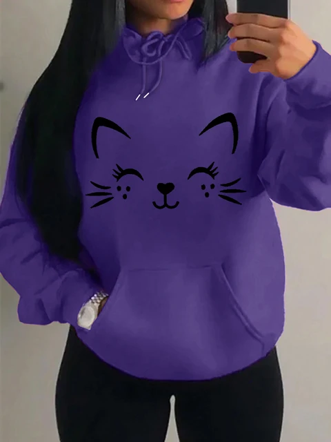 Proste słowo Kot Szczęśliwy wzór Damskie bluzy z kapturem Moda Casual Streetwear Osobowość Hip Hop Bluza z kapturem Modny polarowy pulower
