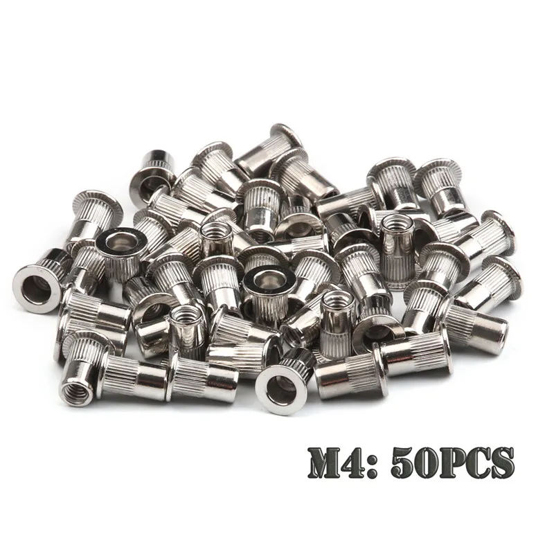 200/50pcs écrou à rivets en acier inoxydable/acier au carbone écrous à rivets à tête plate ensemble M3 M4 M5 M6 insert fileté écrous rivetés