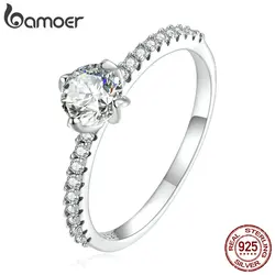 Bamoer Genuine 925 Sterling Silver Luxury Shine Zircon Ring Heart Finger Rings for Women Girl Wedding Anniversary Fine Jewelry