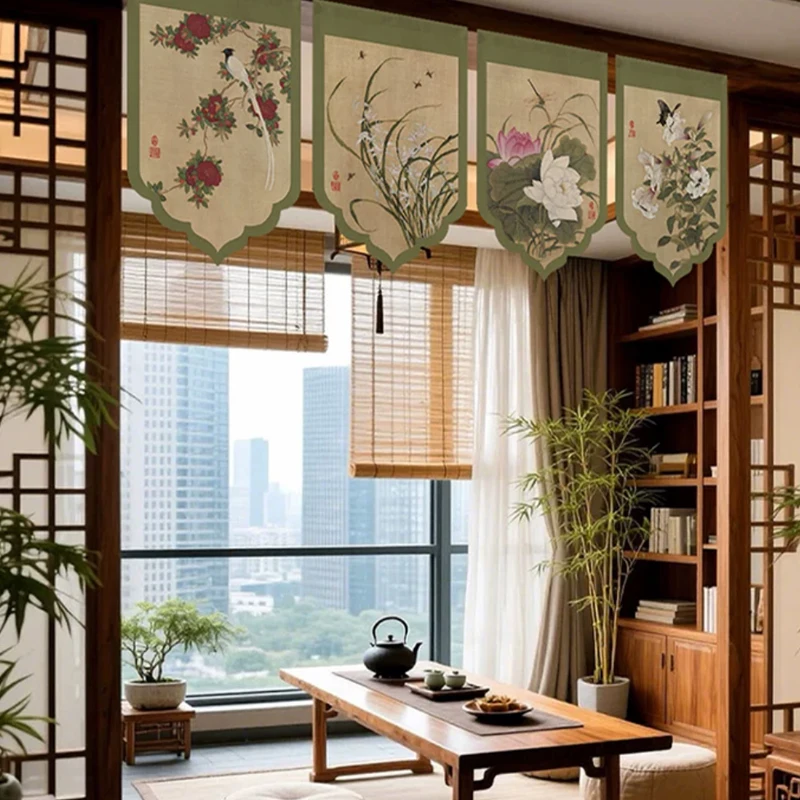 Chinese Short Curtains Traditional Flower Bird Pennant Curtain Triangle Flag Vintage Window Valance Tea House Restaurant Decor