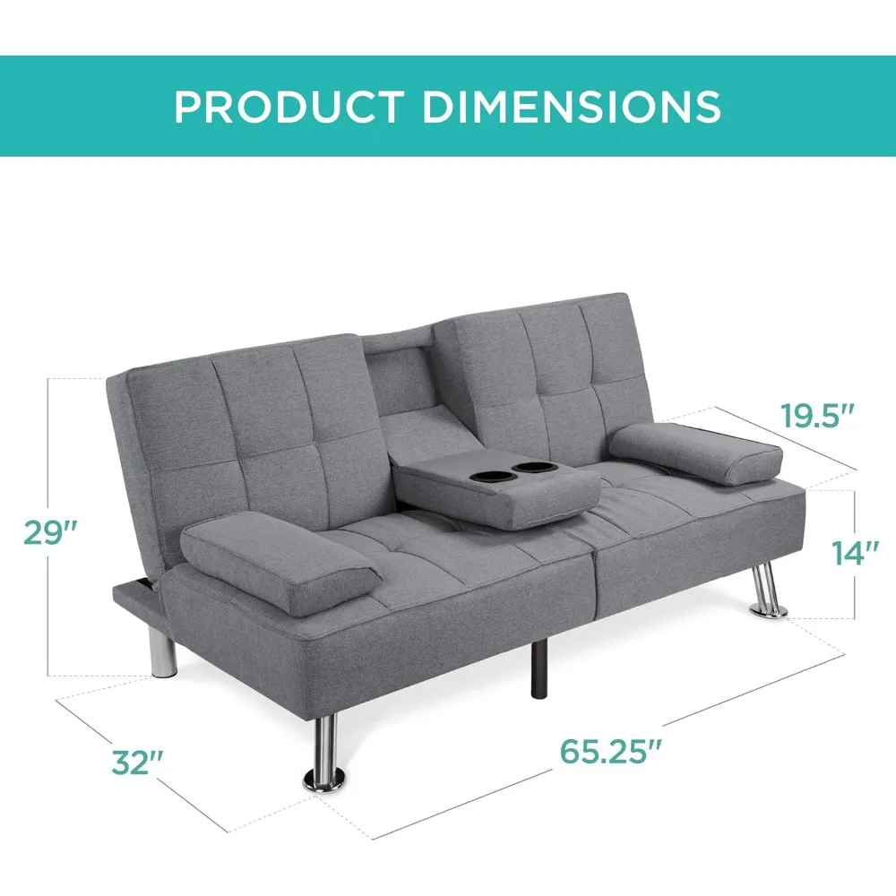 Linen Modern Folding Futon, Reclining Sofa Bed for Apartment, Dorm w/Removable Armrests, 2 Cupholders