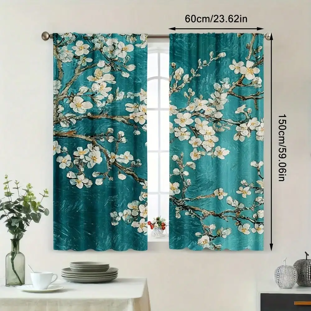 2pcs Van Gogh-Inspired Almond Blossom Curtains Vibrant Teal & White Floral Design Rod Pocket Semi-Transparent Fabric For Kitchen