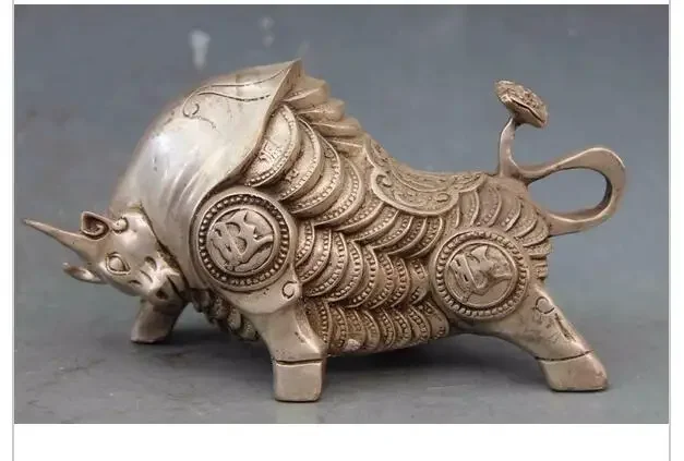 

China Folk White Copper Silver Fengshui lUCKY Wealth Cion Cattle Wild ox Statue decoration bronze factory outlets