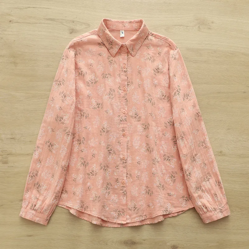 جديد 2025 قميص خريفي بأكمام طويلة من غزل القطن ، بلوزة فضفاضة متعددة الاستخدامات للنساء بياقة مقلوبة مطبوعة ، بلوزة موري جيرل ريترو متعددة الاستخدامات T59257CC