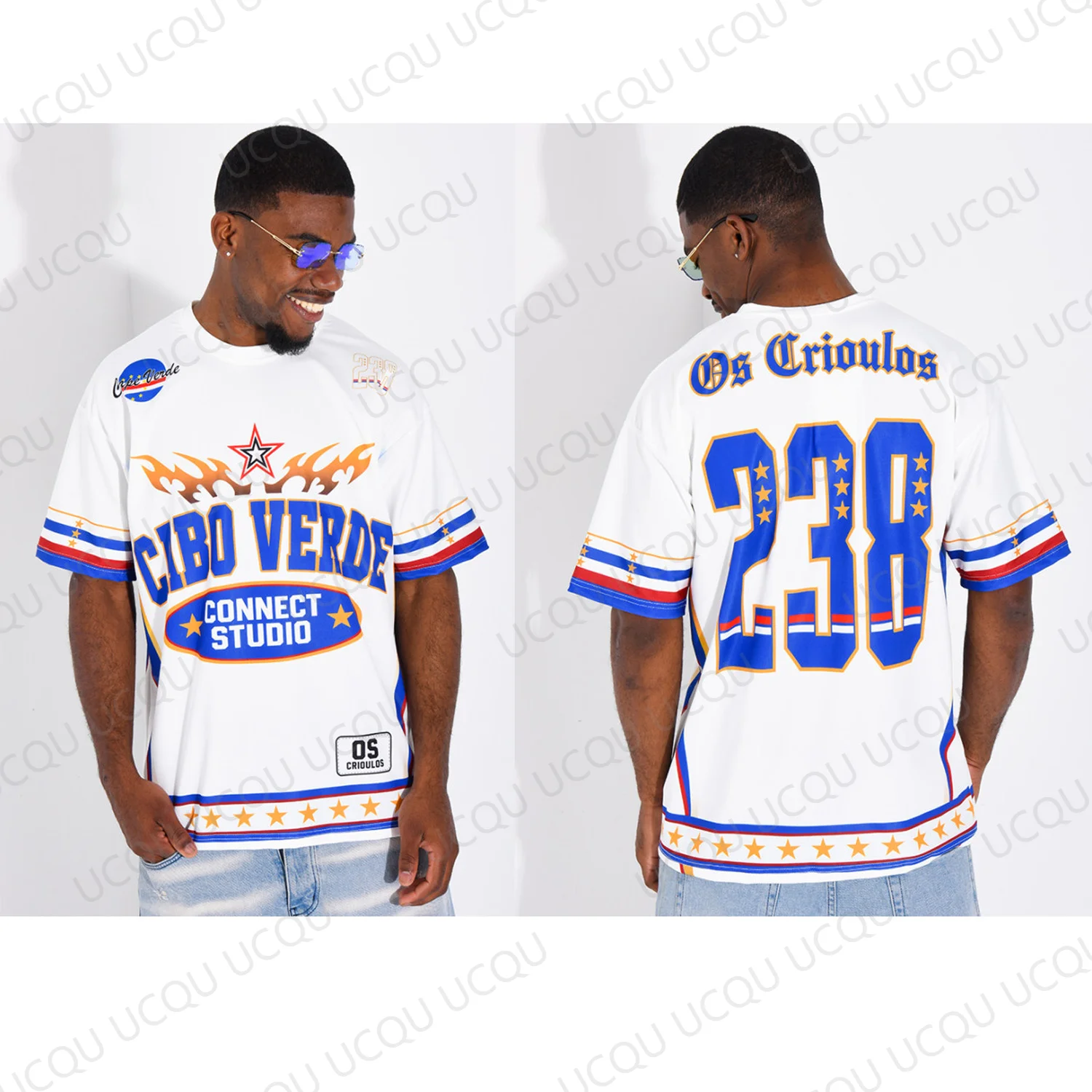 Cabo Verde 238 Weißes Grafik-T-Shirt mit Kapverde-Flagge, Kurzarm-Streetwear-Trikot für Herren und Damen, Sommer-Fan-Oberteil