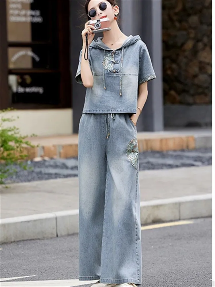 2024 Summer New Chinese Style Denim Two-piece Sets Women Clothes Casual Embroidery Streetwear Ladies Short Sleeve Hooded Suit