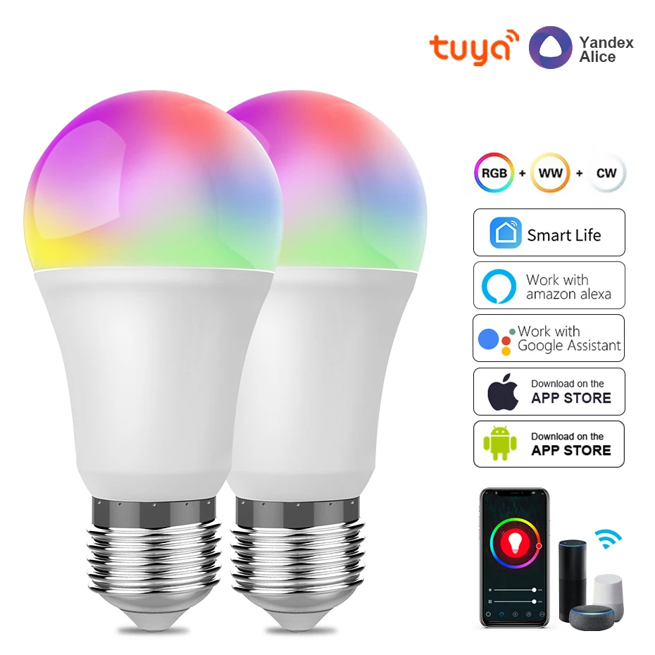 Wifi inteligente lâmpadas led e27 tuya/vida inteligente rgb + branco + quente lâmpada led 220v para yandex alice automação google casa alexa