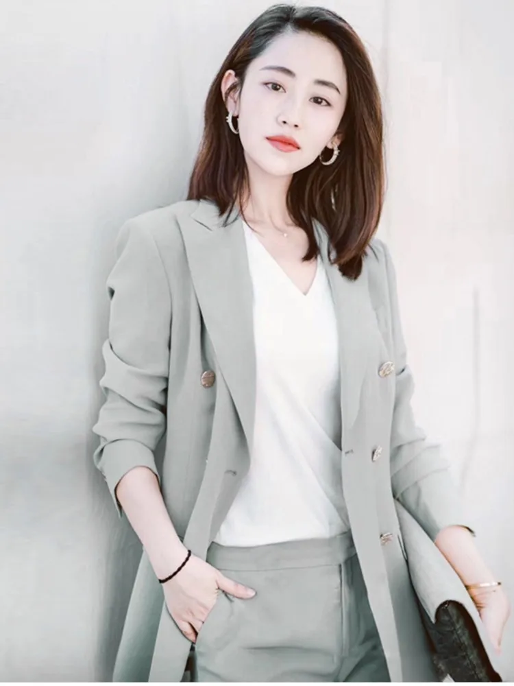 Women‘s Fashion Elegant Blazer Pantssuit Long Sleeved Casual Jacket and Pants Two Pieces Set Female Business Workwear Trousers S