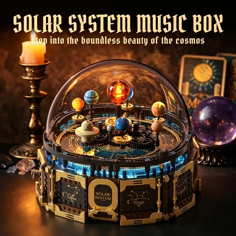 Solar System Music Box Building Blocks Set Rotatable Planet Orrery Model With LED Light DIY Assembly Bricks Toy Gift For Adults