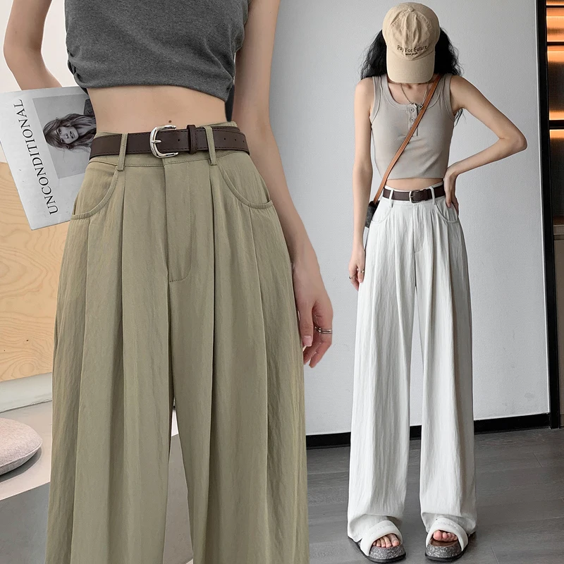 

Spring and summer high waisted straight leg casual pants, suit wide leg pants, women's small figure drape pants