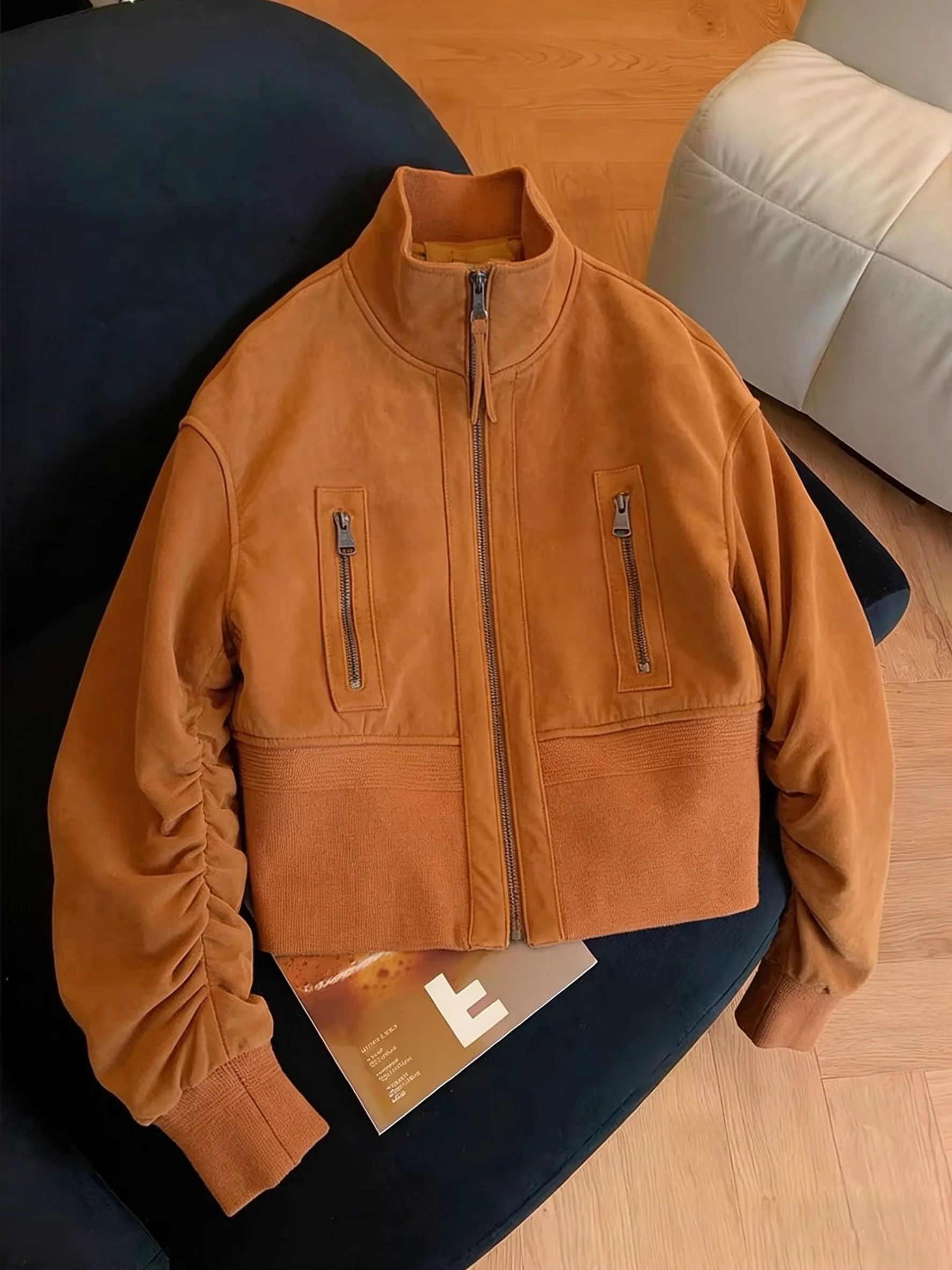 

Модная короткая бархатная бейсбольная куртка женская, кофейного цвета, свободного кроя, на молнии, винтажная, весенне-осенняя, универсальная