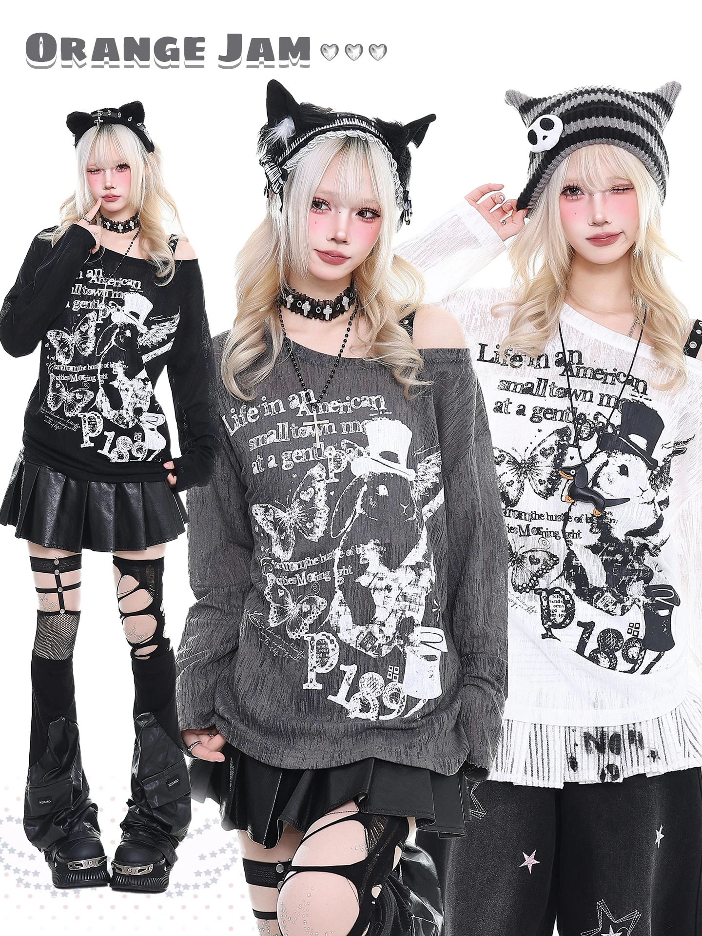 

Готическая футболка с длинным рукавом для женщин, новинка весенней коллекции, свободный крой, с открытыми плечами, с боковым воротником, цвет оранжевый мармелад, в стиле Y2K, с мультяшным принтом, повседневный топ