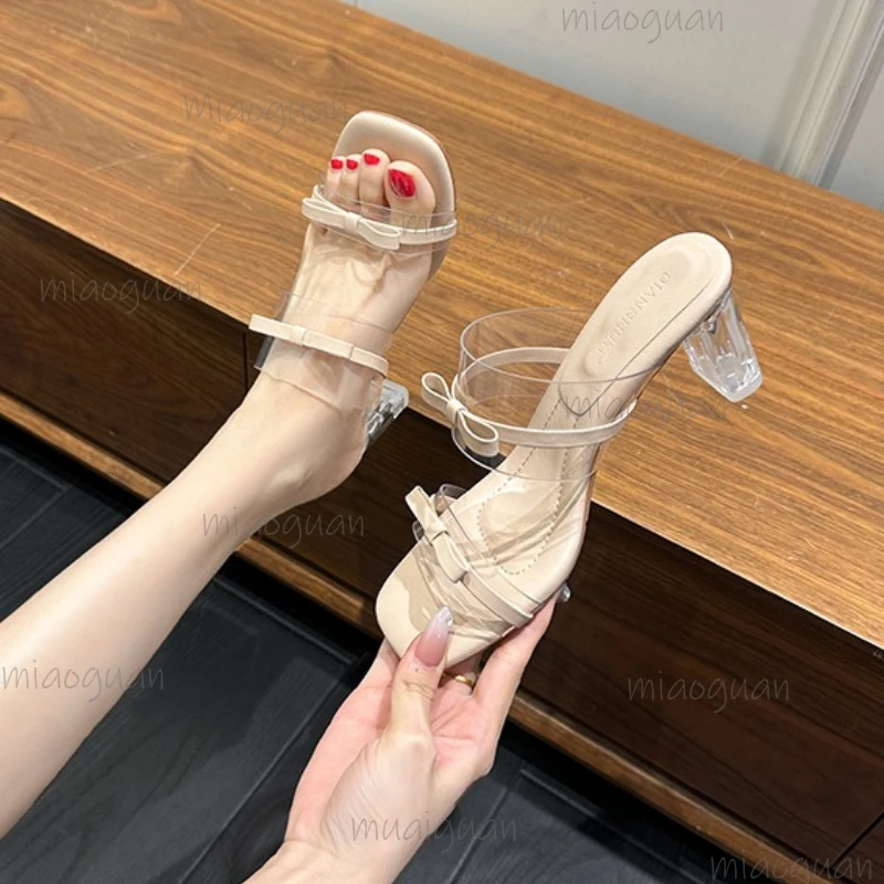 

Summer Women's Heeled Sandals Bow Fashion Casual Breathable chunky heel Open Toe Pumps Party Versatile Elegant Heels Slippers
