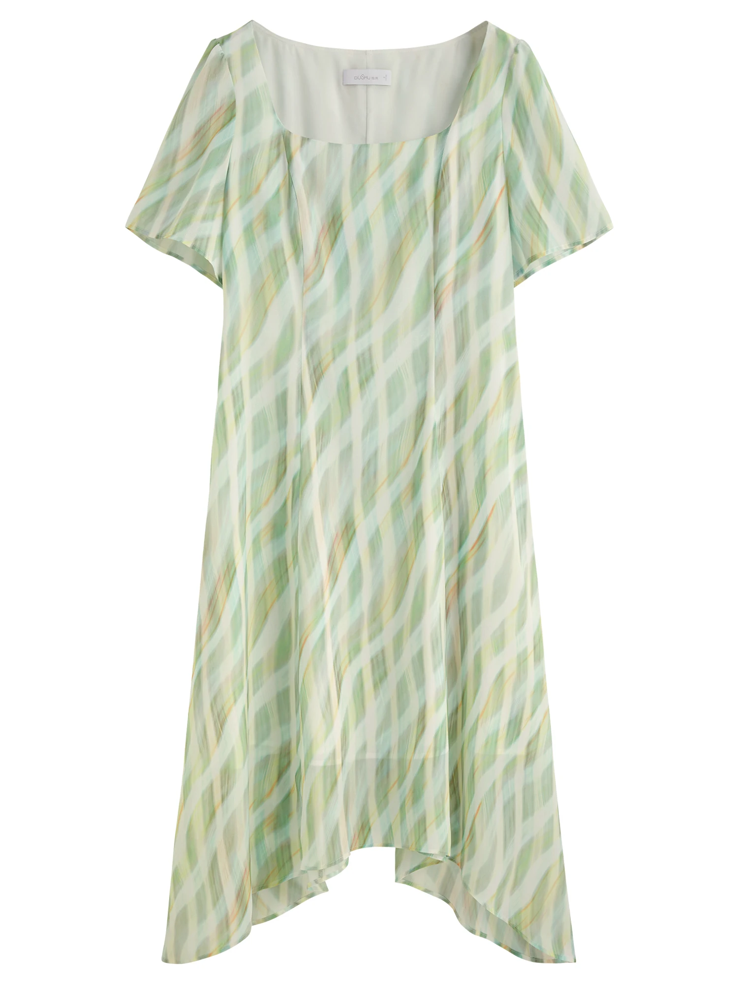 DUSHU Plus Size Damen Kleid in Apfel-/Birnenform, französisches Retro-Kleid mit karierter Taille, kurzärmeliges Taillen-Schlankheitskleid 25DS82373