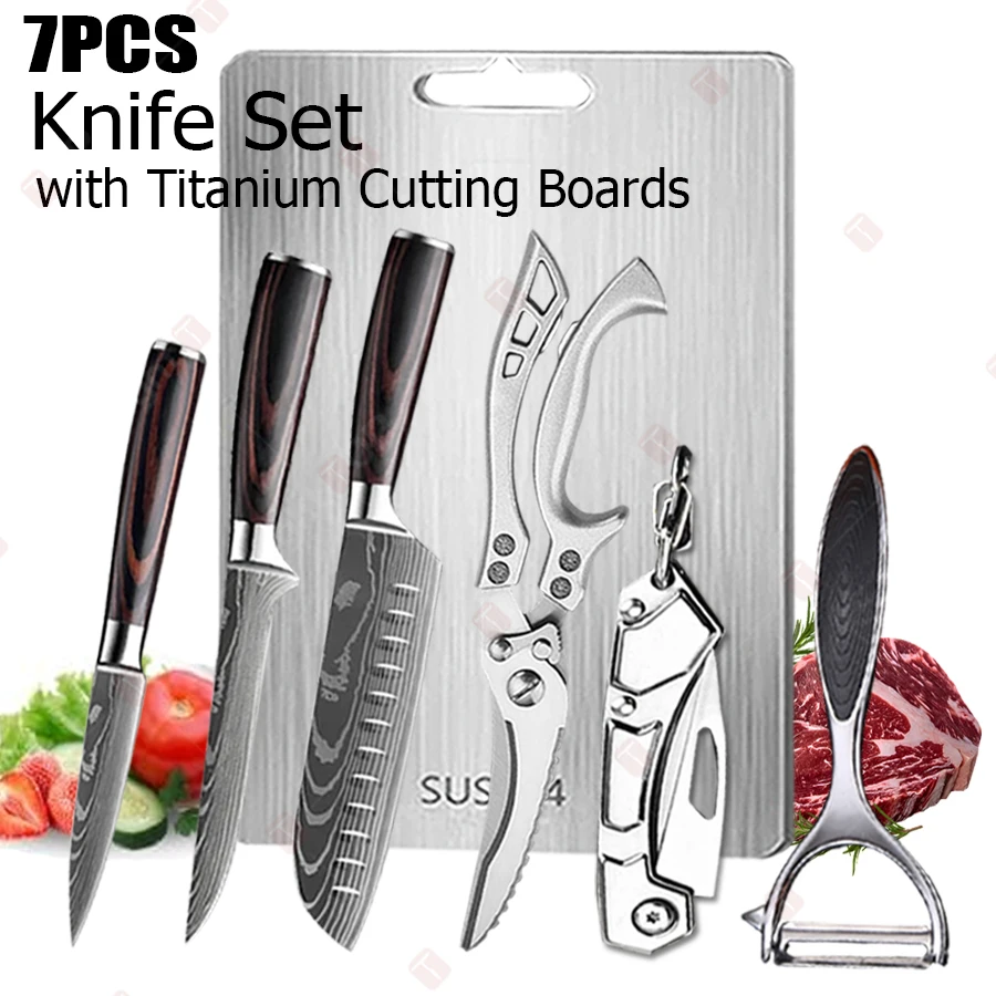 티타늄 도마가있는 다마스커스 주방 칼 일본 산토쿠 식칼 스테인레스 스틸 본딩 나이프 휴대용 고기 도마