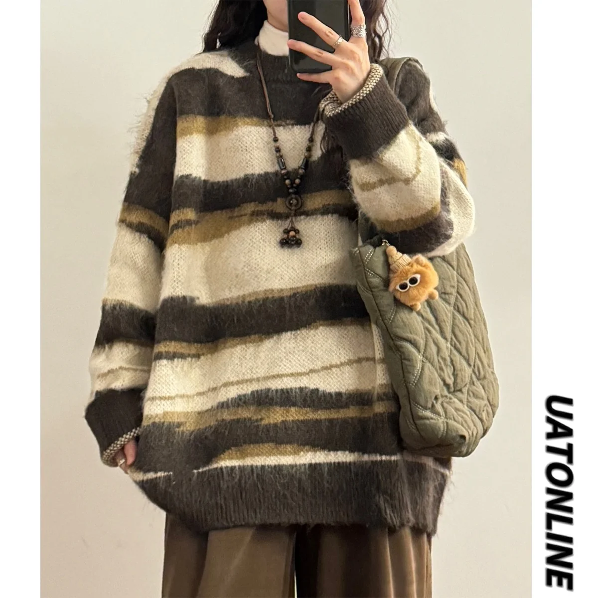 

UATONLINE Зимний женский свитер в американском ретро-стиле, свободный, из мериносовой шерсти, в полоску, с круглым вырезом, модный уличный стиль