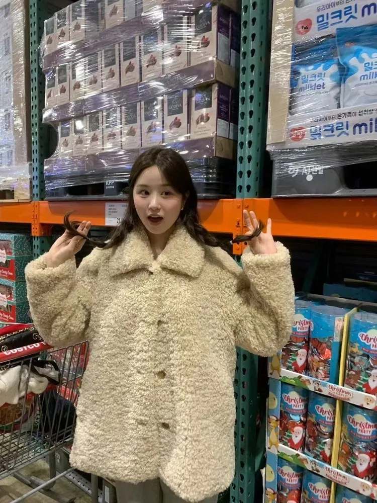 Jaet – manteau Long en fourrure d'agneau douce pour femme, coupe ample, col montant, décontracté, confortable et chaud