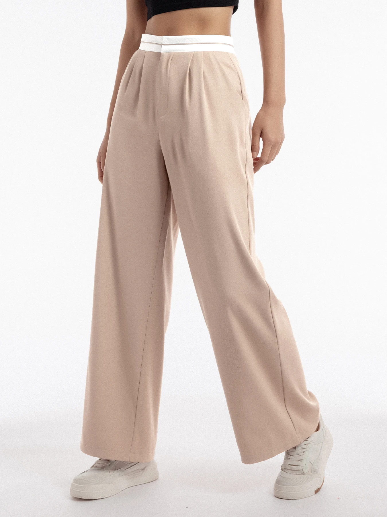 2025 Women's Spring Summer Contrast Color Wide Leg Pants Pleated Zipper Waist Casual Loose Office Wear Fashion Trendy Style